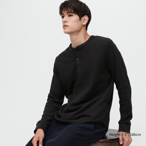 Футболка с длинными Рукавами и вафельным воротником Хенли Черный