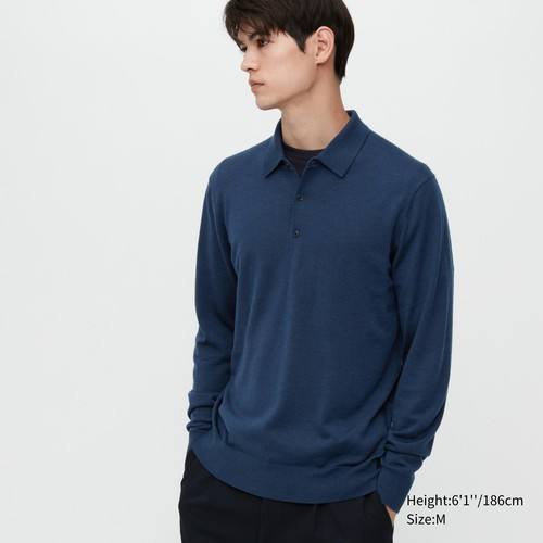 Рубашка Поло с длинными Рукавами Из 100% Сверхтонкого Мериносового Трикотажа Синяя